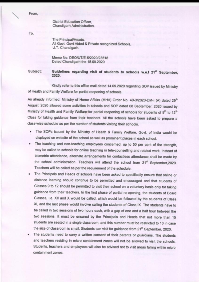 Guidelines regarding the visit of students to schools w.e.f 21″ September